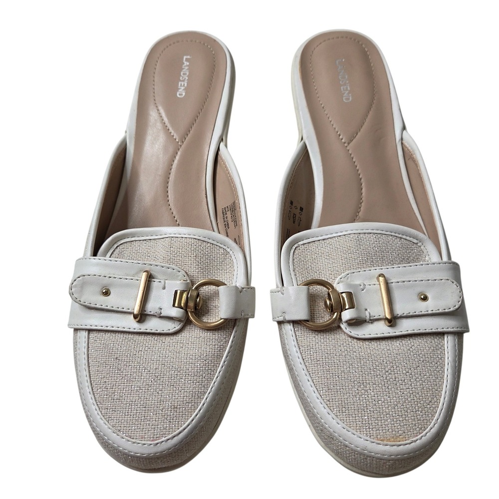 Lands End Women White Canvas Shimmer Loafer Mules 9.5 Buckle Slip On Shoes Prep